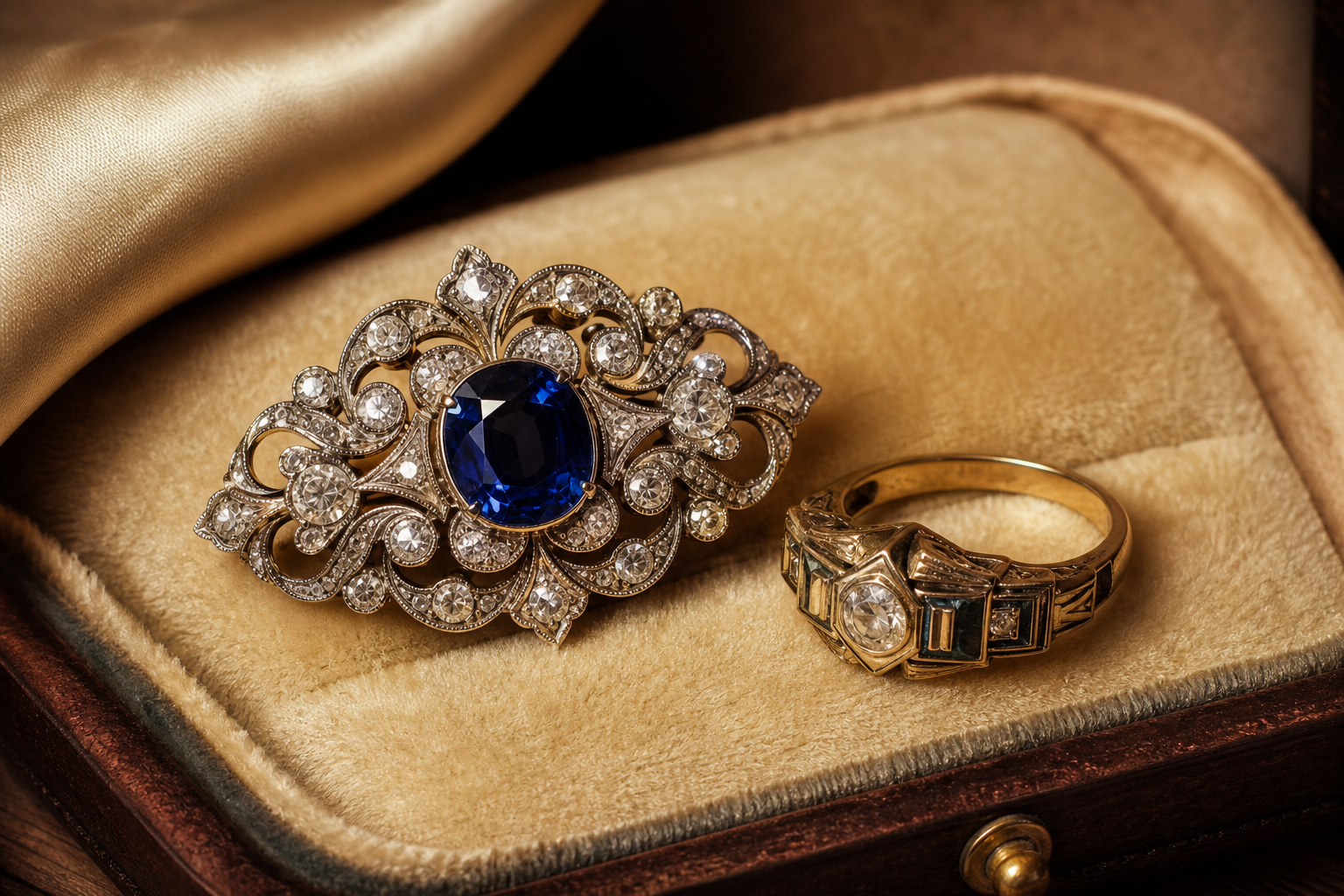 Antique sapphire brooch and gold ring on velvet