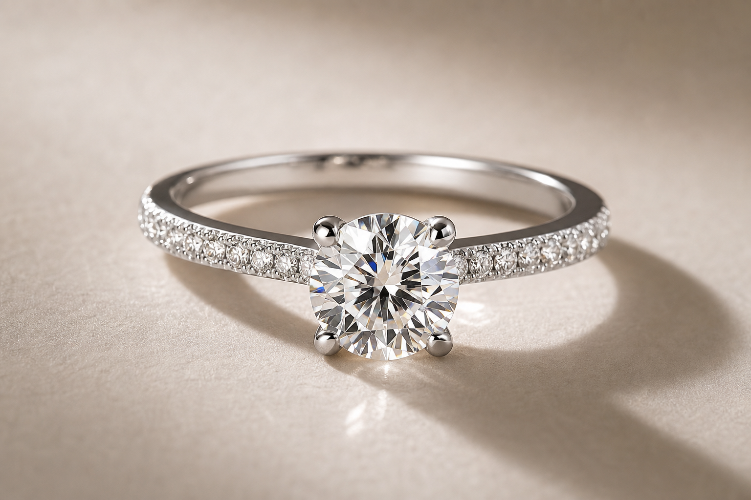 Solitaire diamond engagement ring on a soft cream surface
